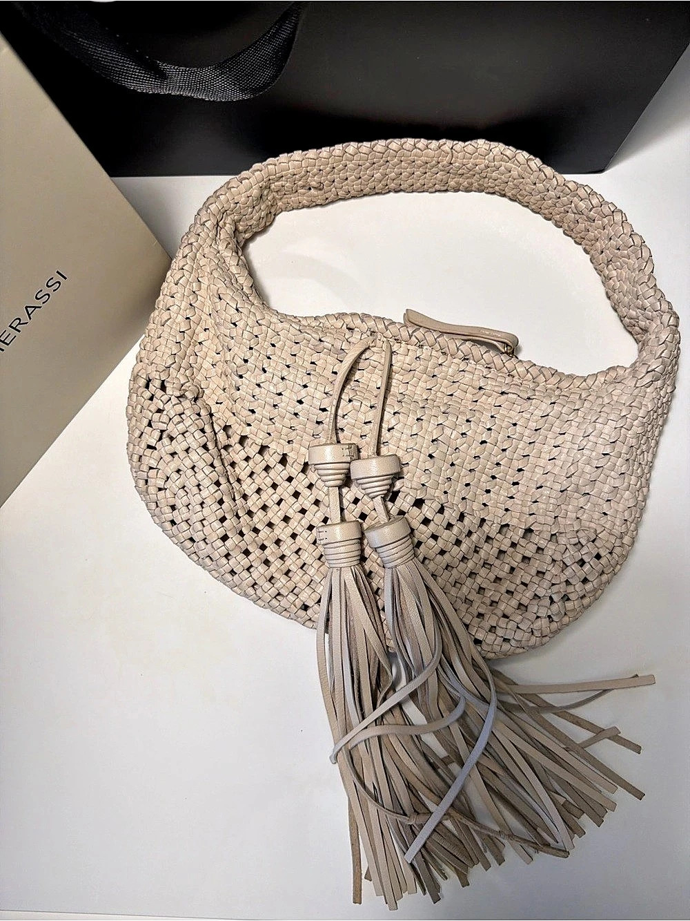Dolce Vita Woven Tassel Hobo in Cream Like New